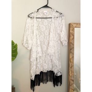 Lularoe Monroe - White Lace w/ Black Fringe Kimono